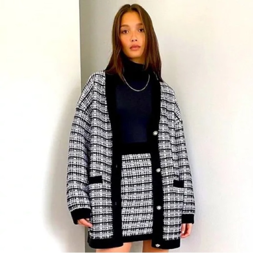 Aritzia Babaton Black and White Plaid Wool Cardigan